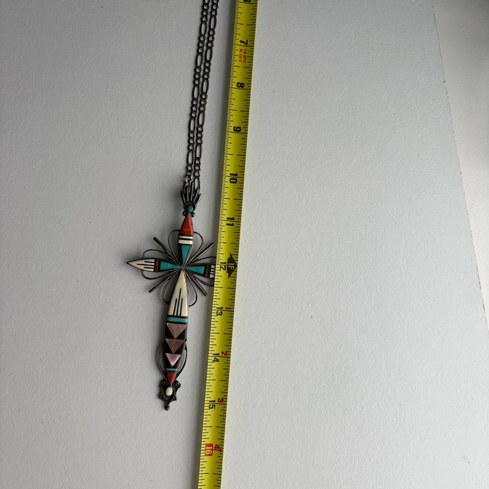 Sterling Zuni Adeline Bownannie Turquoise MOP Onyx  Coral inlay mosaic cross - Picture 14 of 16